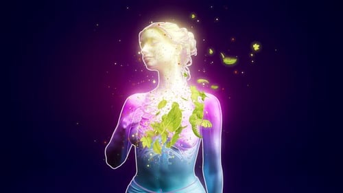 Conceptual 3D animation of a woman holding her chest with visible lungs and flying green leaves