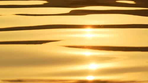 Mer abstraite, été, océan, coucher de soleil, nature, petites vagues sur la surface de l'eau dorée en mouvement