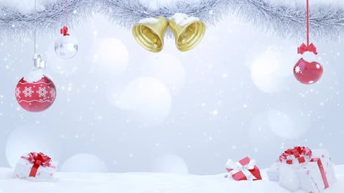 Christmas Snow Background with Festive Decorations and Presents