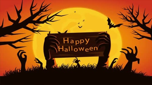 Animated Halloween Zombie Hands Bats Spooky Scene Opener