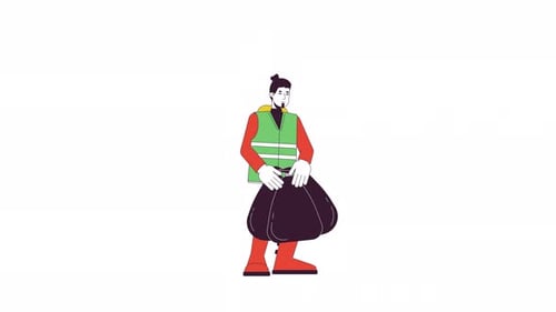 Flat Design Animated Illustration of Character Holding Trash Bag