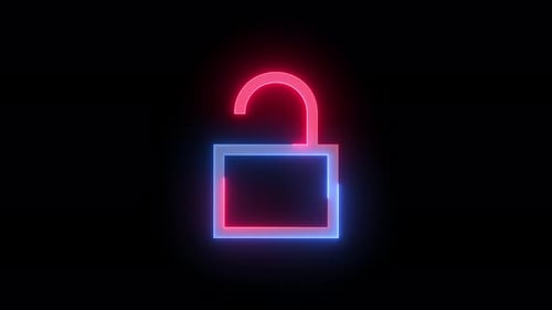 Glowing Neon Unlock Padlock Icon Loop Animation
