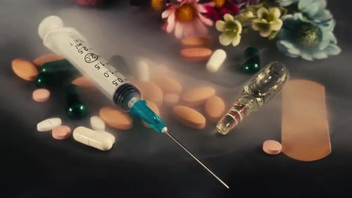 Medical Still Life with Syringe, Pills, and Flowers