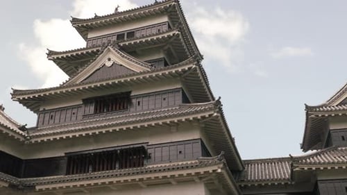 Slow pan up for close up of outer walls of matsumoto castle