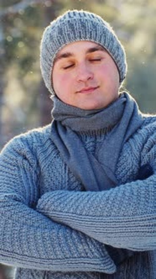 Portrait Man While Standing in Forest on Beautiful Winter Day
