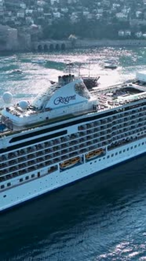 Vertical Video Big White Cruise Ship is Standing in the Port