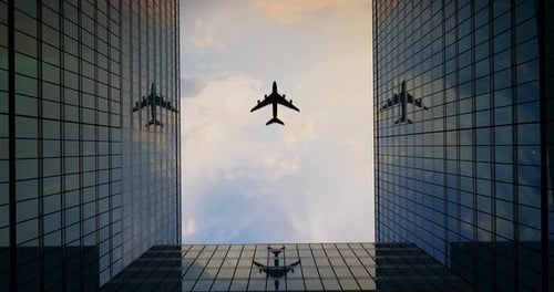 Flugzeug fliegt über Bürogebäude gegen Wolken, wunderschöne 3D-Animation