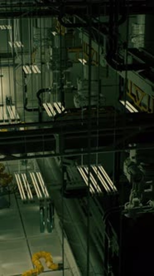 View of a Modern Industrial Setting with Complex Machinery and Dynamic Lighting