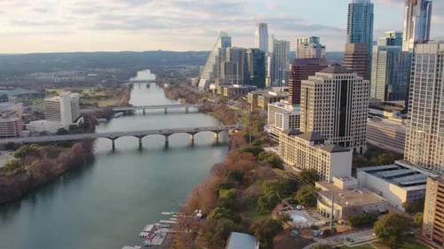 Aerial drone shot of beautiful Austin Texas downtown district on the Colorado River overlooking the