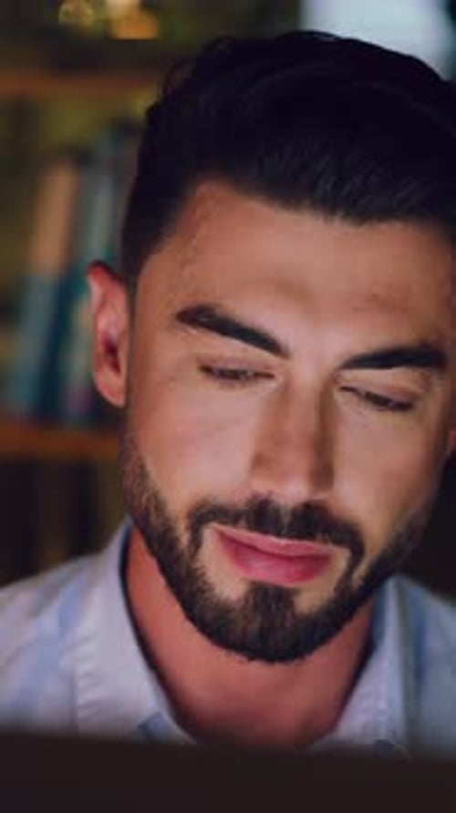 Man, journalist and night at office, computer and project management with story review at media