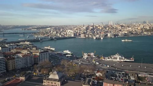 Aerial View of Istanbul Turkey, Bosporus Strait and Galata Bridge Under Golden Hour Sunlight