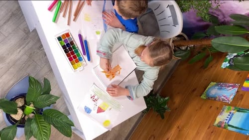 Children Creating Art and Drawing at Home