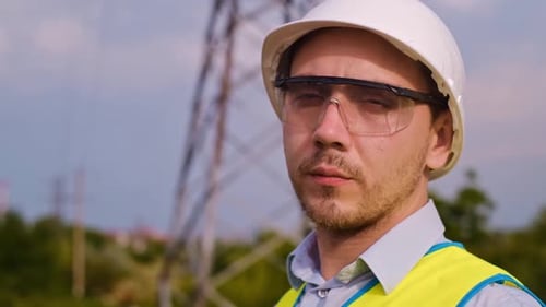 Engineer Wearing Hardhat Standing Near Power Lines