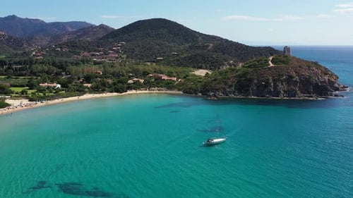 Yacht on lagoon at sunny day. Sailing boat. Yacht in the sea, aerial photography drone. Amazing yach