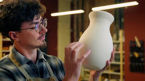 Man Inspecting Ceramic Vase in Pottery Studio