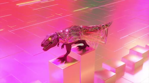 Un dinosaurio rosa con un impermeable transparente camina por las baldosas que crecen hacia arriba