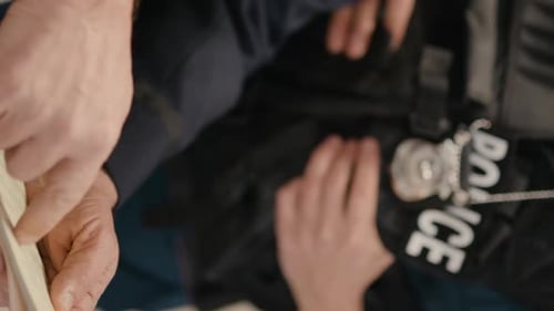 Police officers and their post arrest notes close up