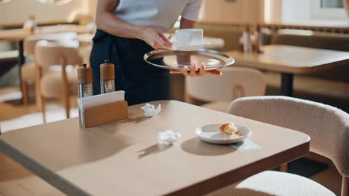 Closeup Waitress Cleaning Table Taking Plates Cafeteria Staff Removing Dishes