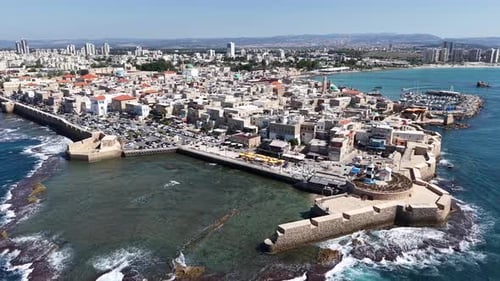 Aerial video over the old city of Acre in northern Israel