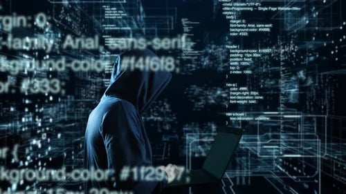 Hacker Typing on Laptop in Futuristic Digital Code Environment