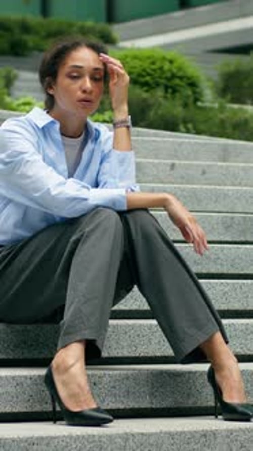 Depressed Sad African American Business Woman Sitting Stairs in City Tired Stressed Lady Female