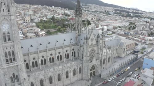 Drone shot of La Basilica del Voto Nacional located in the city of Quito, Ecuador during quarantine.