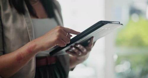 Business person, tablet and hands typing web search for company report, social media app or email