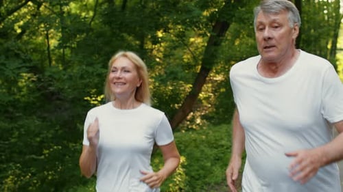 Senior Couple Enjoying a Jog Together in a Vibrant Park Setting