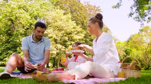 Happy hispanic family enjoying a sandwich picnic in the summer park