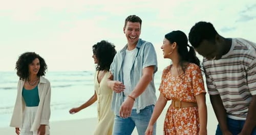 Smile, summer and friends laughing on beach together for travel, holiday or vacation at coast