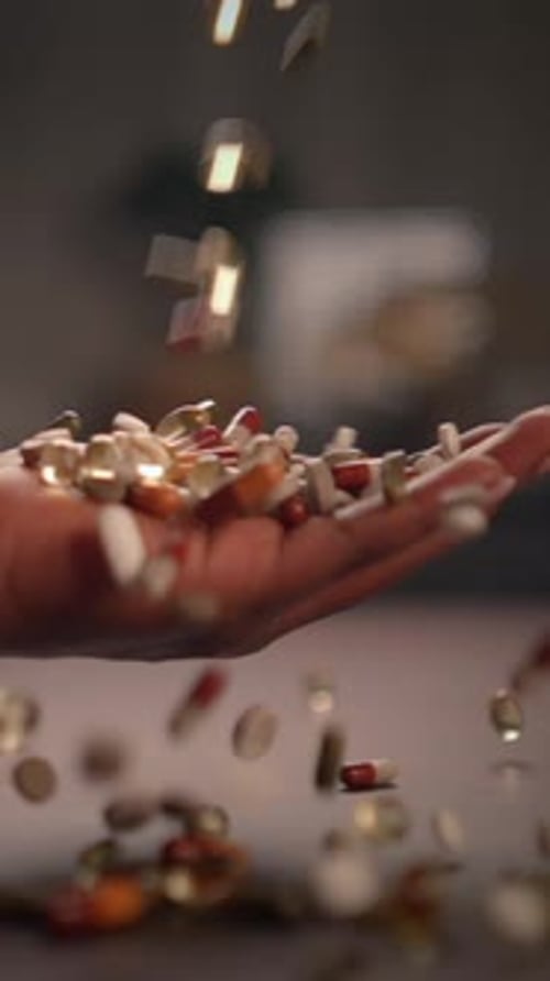 Hand Holding Assorted Pills and Capsules Close Up