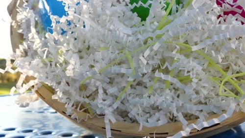 Revealing a basket of eggs for easter in the backyard garden of the house.