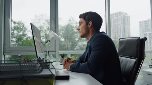 Confident Businessman Talking Virtual Meeting in Office. Startup Ceo Working Consulting Colleagues