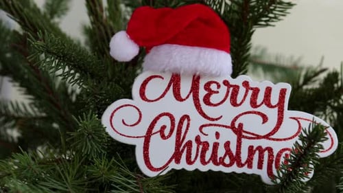 Festive Merry Christmas Ornament on Green Tree