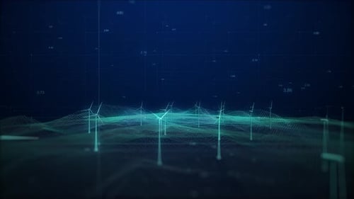 Futuristic Wind Turbines in Digital Landscape with Data Grid Animation