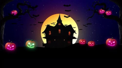 Spooky Halloween Night with Animated Haunted House and Glowing Pumpkins