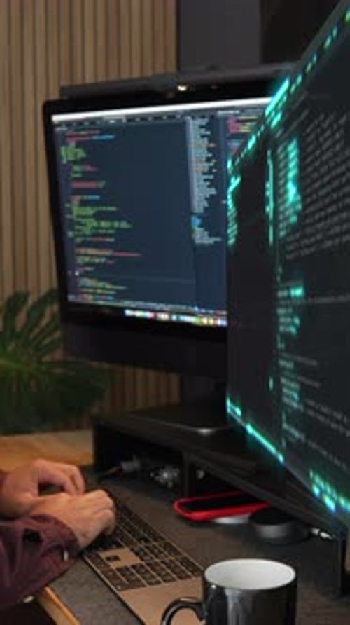 Vertical Video of Holographic Programming Interface in Modern Workspace