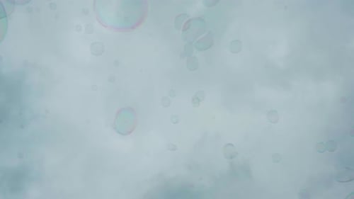Slow motion - Soap bubbles are flying on gray cloudy sky background