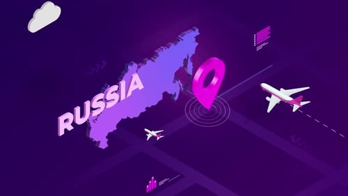 3D Isometric Map of Russia with Traveling Airplanes