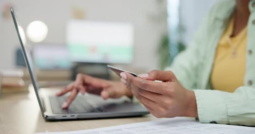 Online shopping, laptop and hands of person with credit card for digital payment