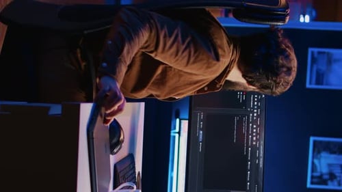 Man Working Late at Night, Coding on Computer
