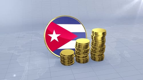 Cuba Flag With Plain Gold Coins Tower