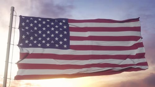 Flag of USA United States of America Waving in the Wind Sky and Sun Background