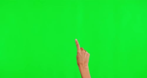 Hand, green screen and touchscreen technology with a woman in studio on a chromakey background