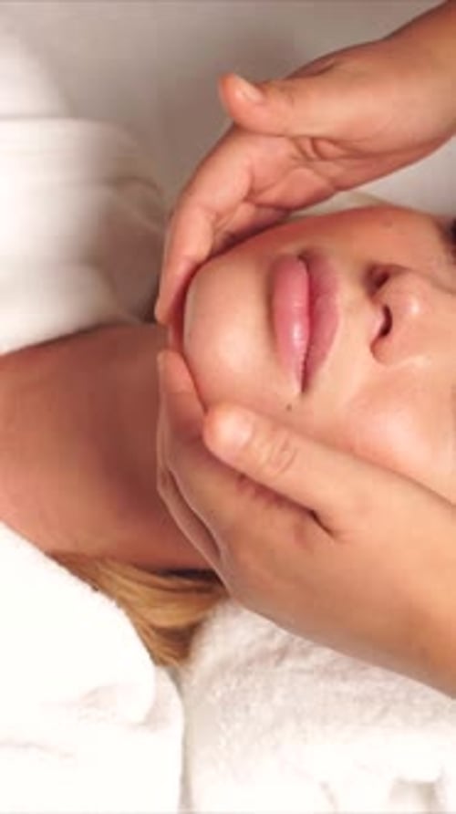 Spa Facial Rejuvenation Caucasian Lady Receiving Gentle Skincare Massage Blonde Caucasian Woman