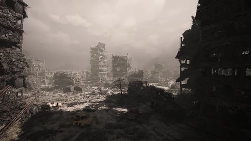 Wrecked Building Fronts Evoke Somber Mood in Reflective Historical Scenes