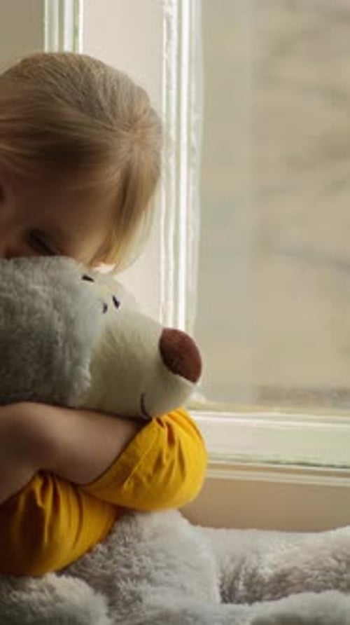 Child Hugging Teddy Bear by Window Indoors