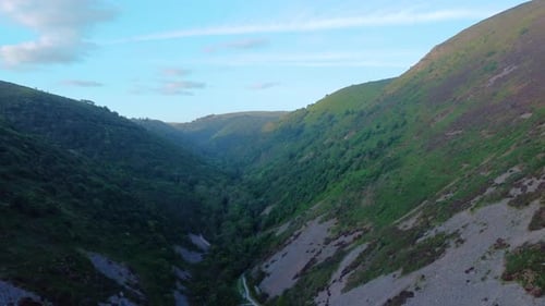 Drohnenblick entlang des Tals bei Sonnenaufgang im Sommer auf dem Exmoor Coast Path mit dichtem, grünem Wald