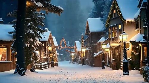 Cidade de Natal nevada com casas decoradas e lâmpadas de rua