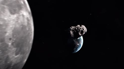 Asteroid Approaching Earth with Moon in Cosmic Space